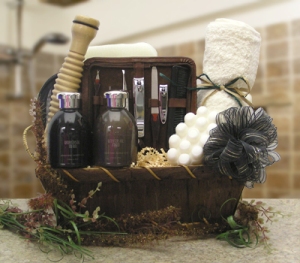 Send him a stunning spa basket to tell him he deserves to be pampered. This spa assortment comes with a wood chip caddy filled with mens bath gel, bubble bath, hand soap, a soft body scrubber on a rope with a zip case for traveling, a manicure set with all the tools hell need for nail trimming also in a leather zip case, a wooden massager for relaxation and a luxuriously soft terrycloth that will add a special touch to this mens spa collection. The wood chip bath caddy is sure to be put to good use long after he has indulged in this spa assortment. 