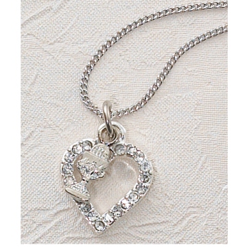 Full of sparkle and elegance, your loved on is sure to be dazzled with this beautiful rhinestone heart and chalice gift necklace to wear on her First Holy Communion and special celebrations and holidays.