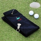 Our Personalized Golf Towel & Key Ring Tool Set will make a great gift for all the golfers on your list. Theyll gladly yell more than "Four!" on the course with these one of a kind designs that are golfing must haves. The 100% cotton terry golf towel is the perfect match for its two toned silver-plated multi-function golf key ring. This unique key chain features a key ring, ball marker and divot tool all in one. With free personalization on both items, this set becomes an even greater "hole in one" with a well decorated golf green design, embellished with green, white and red thread and grommet and hook on the towel. 