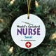 Steal your new nurses heart when you give this unique Personalized Worlds Greatest Nurse Ornament. This Personalized Nurse Ornament makes a wonderful gift idea for someone completing Nursing School or to just say thank you for the care. Our Worlds Greatest Worker Ceramic Ornament is a flat ornament and measures 2.75" in diameter. Each Ornament includes a ribbon loop to easily hang from your Christmas tree. Includes FREE Personalization! Personalized with any name.