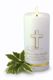 This simple religious remembrance commemorates holy baptism with its cross motif, date and location of the baptism, and babys name. Includes one 3"x 6" personalized candle. Gift boxed. Choose white or ivory candles, silver or gold accessories and black, gold, silver, baby blue, or baby pink ink. This item usually ships in 4-7 business days. 