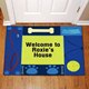 Avoid spills and messes with our personalized food and water dog mat Choose between two great sizes, 18" x 24" or 24" x 36". Both are safe for outdoor or indoor door mat use. Doormat is 1/8" fleece smooth with latex action backing and white bound edging. 