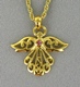 Our gold toned angel with a pink sapphire stone is delicately designed in a scroll style. 16-18" rope chain.