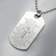 This stainless steel dog tag pendant looks great with our stainless bead chain. Pre-engraved in black with the Lords prayer, you can personalize the backside with your own unique engraving. Bail opening is 5.81mm.